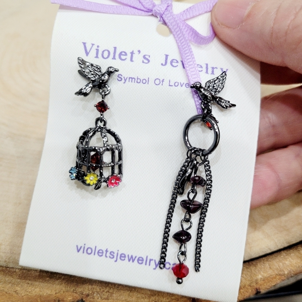 Brand New Titanium Black Bird Cage Earrings